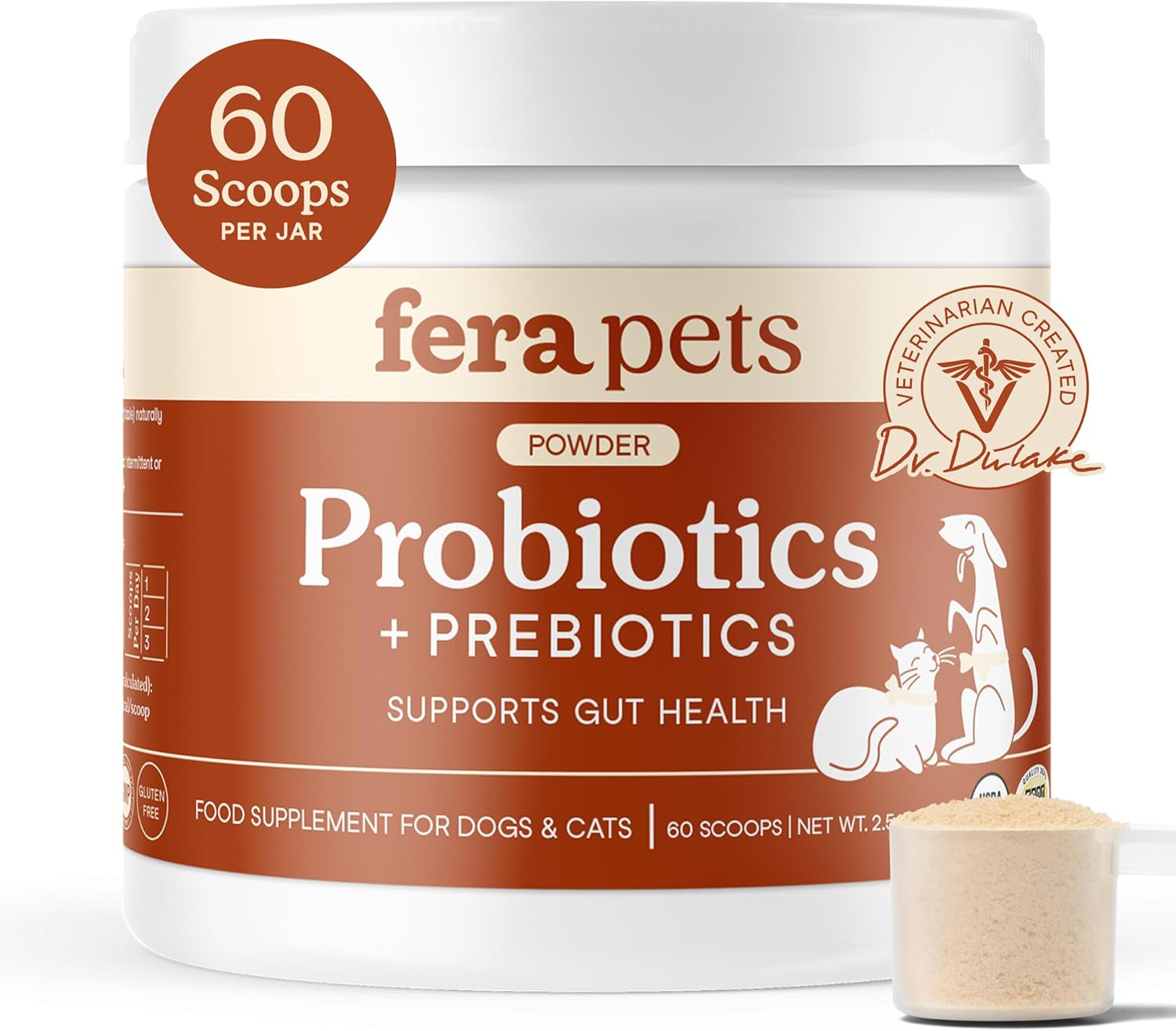 Probiotics for Dogs & Cats with Prebiotics - USDA Organic - Gut Health Powder Supplement with 12 Strains and 5 Billion Cfus - Supports Immunity, Energy and Skin & Coat - 60 Scoops