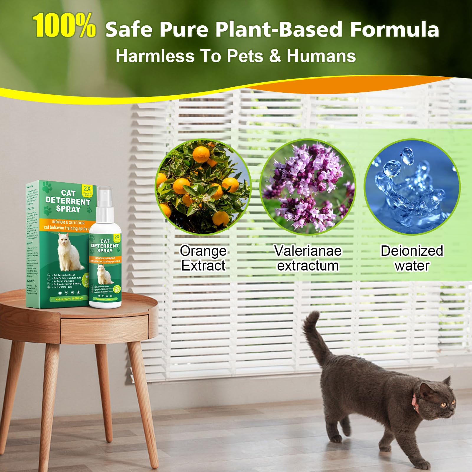 Cat Deterrent Spray for Furniture, 2 Pack Natural Indoor & Outdoor No Scratch Training Spray for Cats and Kittens, Protects Sofas, Rugs, Curtains and Plants, Non-Toxic Formula