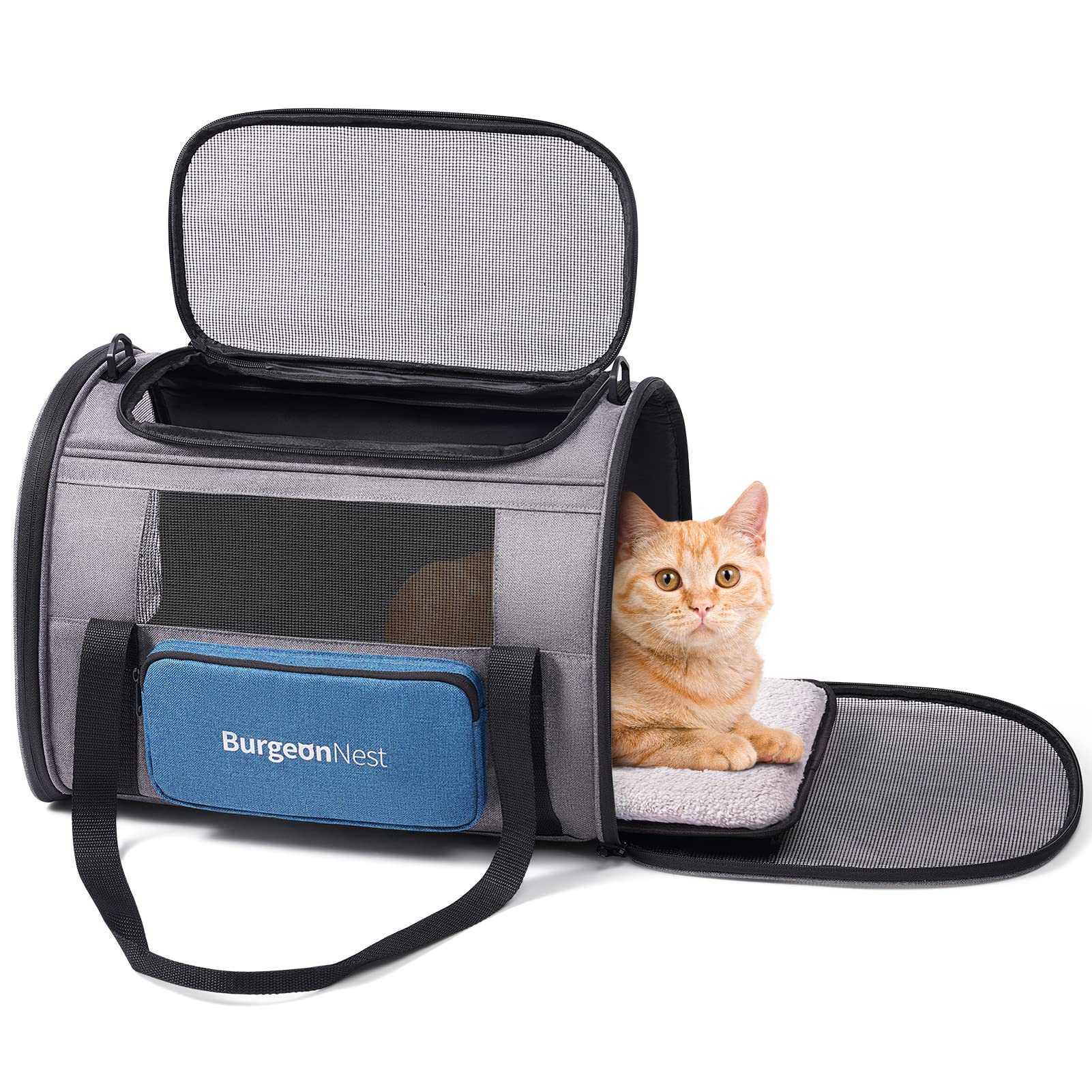 BurgeonNest Cat Carriers for Medium Cats Under 25 lbs, Pet Carrier for Cats with Unique Side Bag,Top Load Small Pet Carrier Soft-Sided Escape Proof with 4 Ventilated Windows