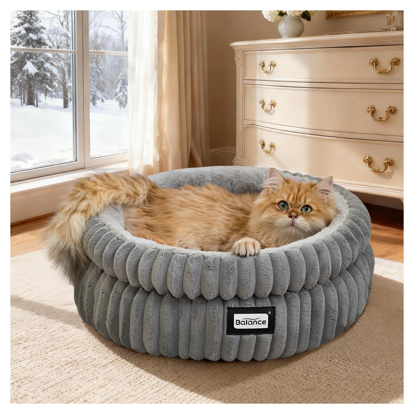BALANCE Cat Bed Kitten Bed, Washable Round Cat Beds for Indoor Cats, Super Soft Plush Faux Fur Pet Bed for Puppy and Kitten with Anti-Slip Bottom