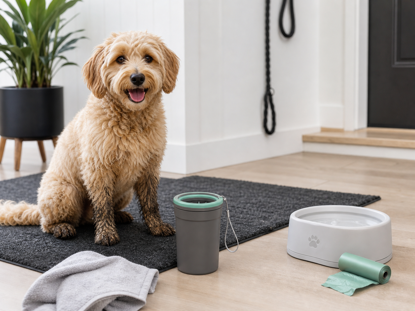 Clean pet entryway routine with dog cleanup essentials